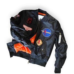 American Stitch Uncle Ralph Bomber Flight Jacket M Black Patches Ruched Sleeves